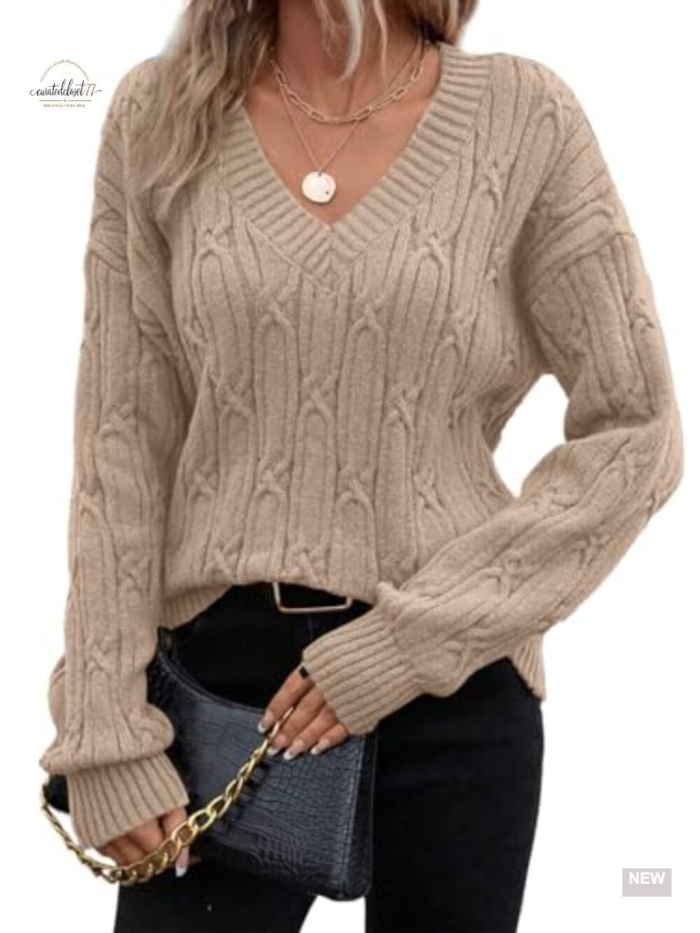 Cable Knit V-Neck Long Sleeve Sweater Pullover